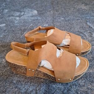 YOKI NETTA 40 Cork Stud‎ Wedge Sandals 9 Brown Faux Suede Boho Festival